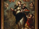 a painting of a woman holding a rosary with angels around her