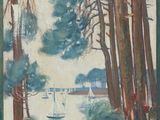 tableau représentant un voilier sur un lac entouré d'arbres