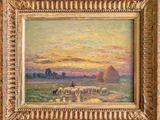 an oil painting of sheep grazing in a field with a sunset in the background