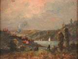 tableau représentant une vue sur une rivière avec un village au loin