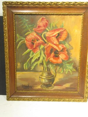 a painting of red flowers in a vase on a table