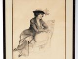 drawing of a woman in a hat sitting on a chair