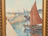 an oil painting of boats in a harbor near a pier