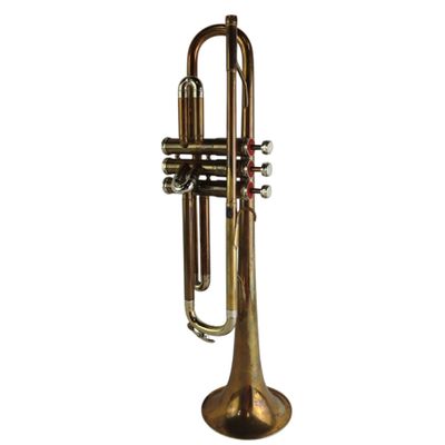 a brass trumpet on a white background