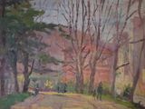 a painting of people walking down a path in the woods