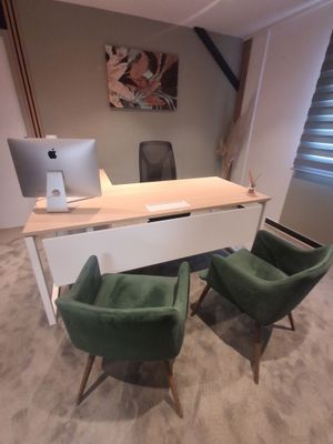 deux chaises vertes devant un bureau sur lequel se trouve un ordinateur