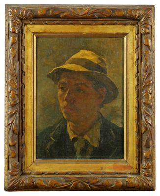 une peinture à l'huile représentant un homme portant un chapeau et une veste verte