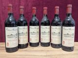 six bouteilles de vin rouge sont alignées sur une table en bois