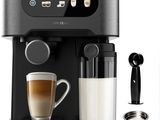 an image of a coffee machine with a glass of milk and spoons