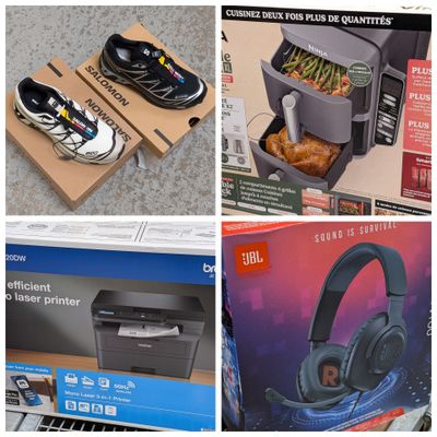 plusieurs photos différentes de casques audio exposés dans un magasin