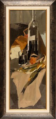painting of a still life with a bottle of wine and a plate of fruit