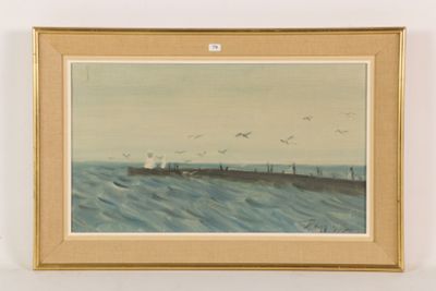 painting of a ship in the ocean with birds flying over it