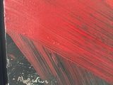 an abstract painting of a red and black brush stroke in a black frame