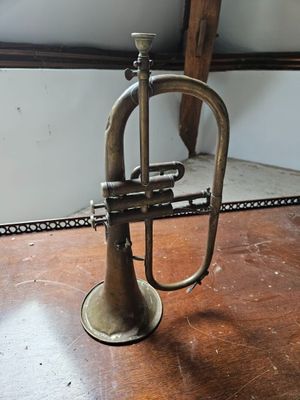 a brass trumpet sitting on a wooden table in front of a window