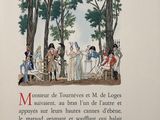 an old book with a picture of a group of people in a forest