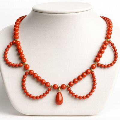an orange beaded necklace with a tear shaped pendant on a white mannequin