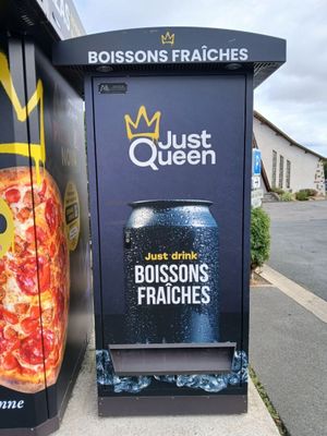 a box that has a pizza on it next to a trash can