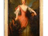 une peinture à l'huile représentant une femme en robe rose debout dans un jardin