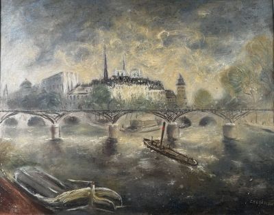 painting of a painting of a bridge over a river with a castle in the background