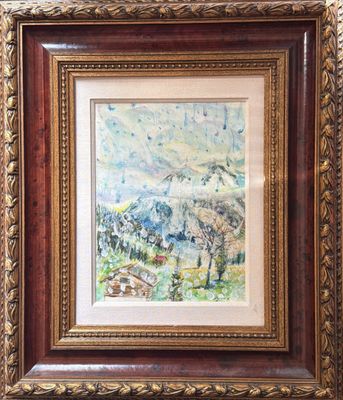une peinture représentant un paysage de montagne avec des arbres au premier plan