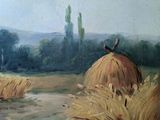 a painting of a couple of straw bales in a field