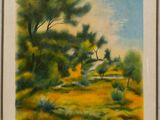 une peinture à l'huile représentant un paysage avec des arbres et de l'herbe jaune