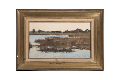 une image représentant un tableau d'un marais avec de l'eau et des roseaux