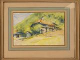 une image représentant une aquarelle d'une maison sur une colline