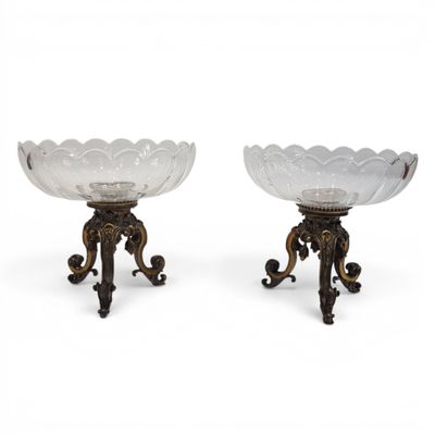pair of antique brass and glass footed bowls on stands