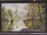 a picture of a painting of a river in the woods