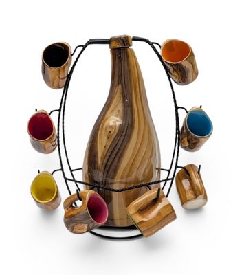 a wooden vase with cups in it on a wire stand
