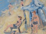une peinture à l'huile représentant un groupe de personnes sur une plage