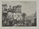 un vieux dessin représentant un château au sommet d'une colline, avec une montagne en arrière-plan
