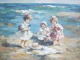 tableau représentant trois enfants jouant dans le sable à la plage