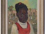 painting of a young girl in a red dress in a village
