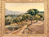 a painting of a dirt road with trees and mountains in the background
