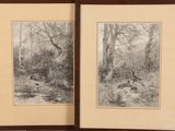 two black and white drawings of animals in a wooded area