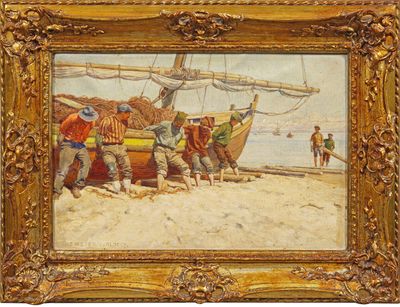 une image représentant un tableau où l'on voit un groupe d'hommes travaillant sur un bateau