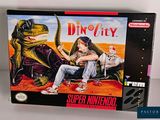 a box with a picture of a man and a woman sitting on a dinosaur