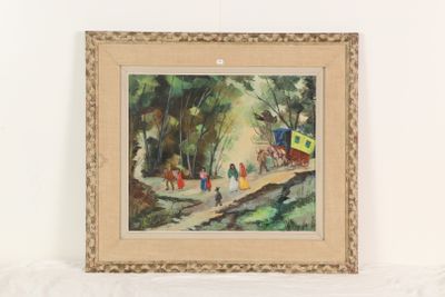 tableau représentant des personnes marchant sur un sentier avec un train en arrière-plan