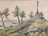 a watercolor painting of a lighthouse on a hill by the water
