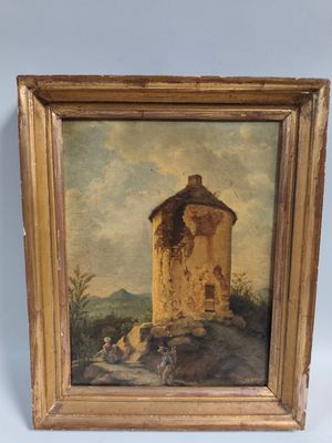 une vieille peinture représentant un bâtiment avec une vache au premier plan