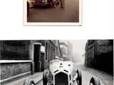 two pictures of a man standing next to a race car