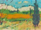 an oil painting of a field with trees and bushes in the foreground