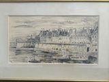 drawing of a view of a city with boats in the water