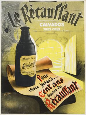 une vieille affiche représentant une bouteille de bière à côté d'un rouleau de papier