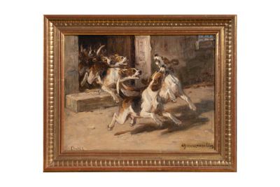 tableau représentant un groupe de chiens jouant ensemble devant un immeuble