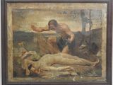 an old painting of a man and a naked woman on a beach