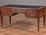 a wooden desk with two drawers and a black top