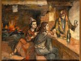 an image of a painting of two women sitting at a bar